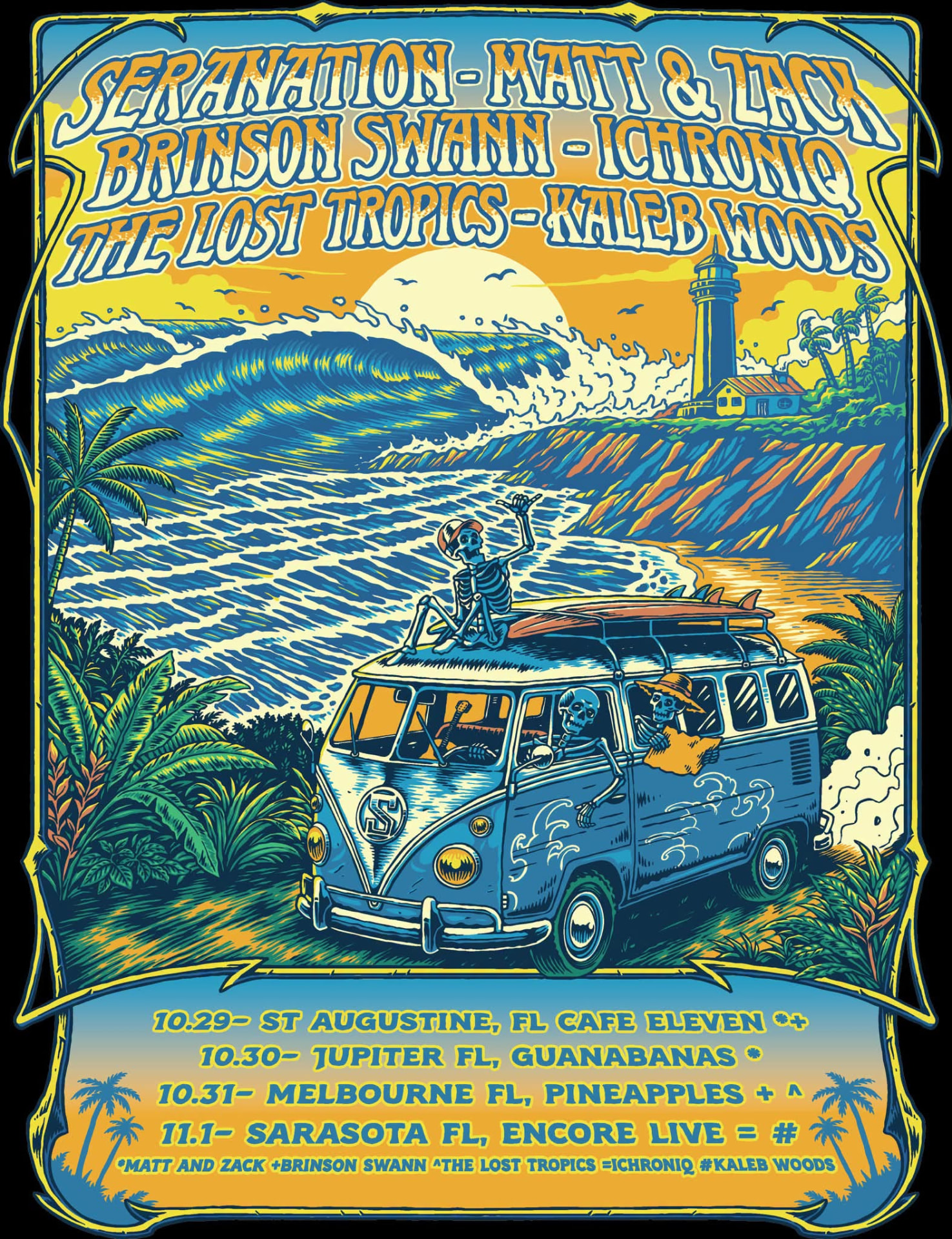 Seranation fall 2026 Florida tour poster: Oct 29 St. Augustine, Oct 30 Jupiter, Oct 31 Melbourne, Nov 1 Sarasota.